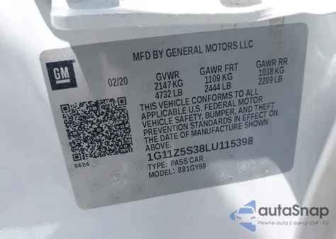 2020 Chevrolet Impala Fwd Lt z USA, uszkodzony, nr VIN 1G11Z5S38LU115398